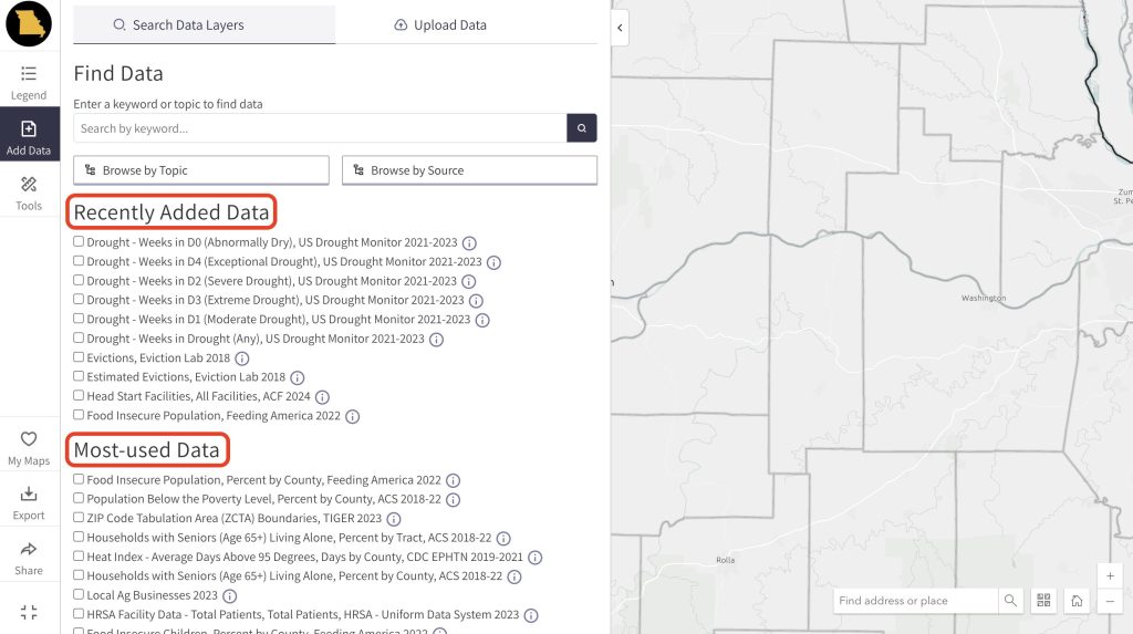 The Recently Added and Most Used Data sections are circled in red on the Add Data Menu.